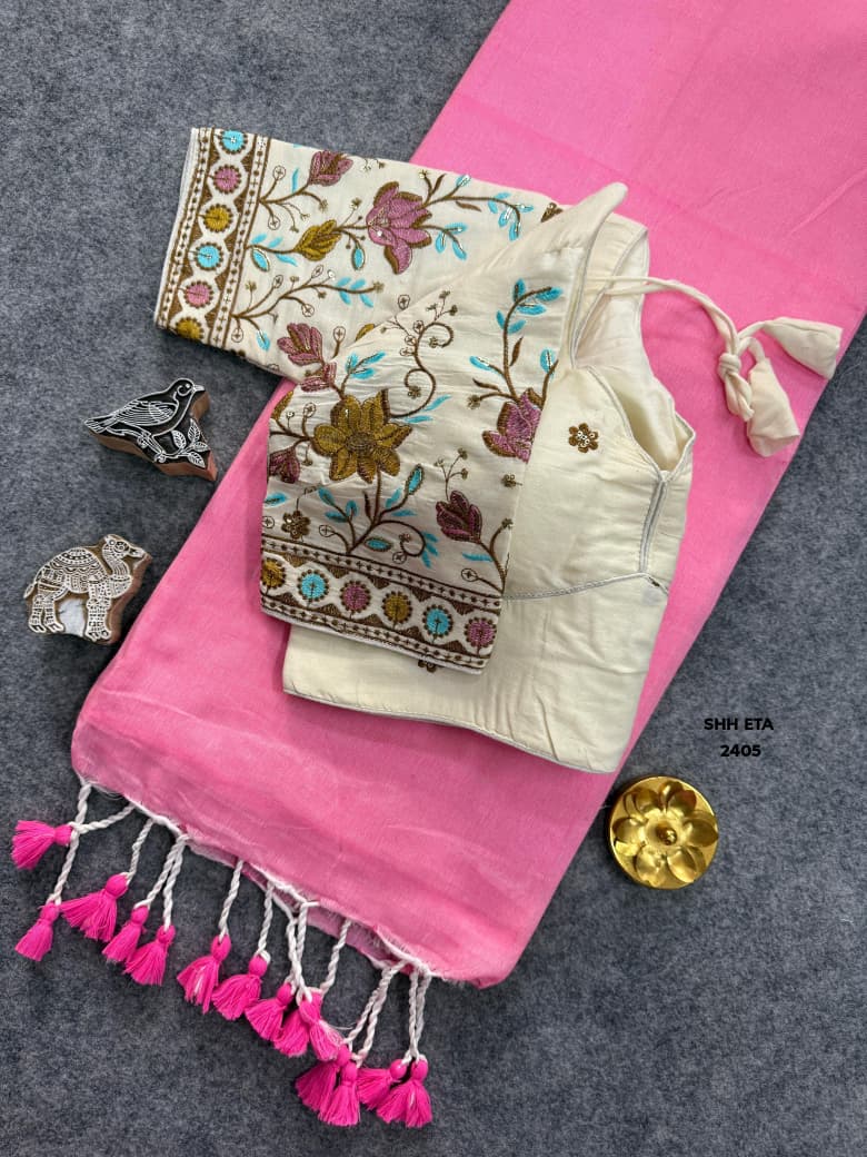 Plain Linen Cotton Handloom Saree with Tassels
